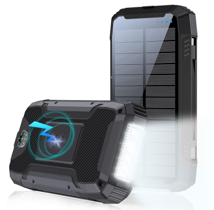 WG - Power Bank 20000 mAh, solarní panel + bezdrátové nabíjení 15W + svítilna + kompas, USB-C PD 20W, černá WG - Power Bank 20000 mAh, solarní panel + bezdrátové nabíjení 15W + svítilna + kompas, USB-C PD 20W, černá