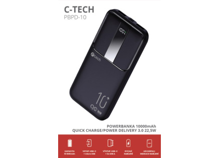 C-TECH Powerbanka 10000mAh, Li-Pol, 22,5W, USB-C/USB-A/micro USB