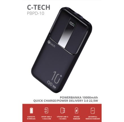 C-TECH Powerbanka 10000mAh, Li-Pol, 22,5W, USB-C/USB-A/micro USB C-TECH Powerbanka 10000mAh, Li-Pol, 22,5W, USB-C/USB-A/micro USB