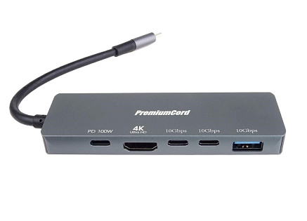 PremiumCord Adaptér USB-C na 4K@60Hz HDMI + 10G USB3.2 A + 10G 2x USB-C + PD