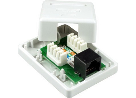 Zásuvka UTP 1x RJ45 Cat5E, duální svorkovnice, na omítku Zásuvka UTP 1x RJ45 Cat5E, duální svorkovnice, na omítku