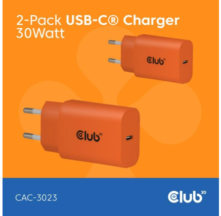 Club3D Nabíječka, USB-C, Power Delivery 15V/2A, 2-pack, oranžová Club3D Nabíječka, USB-C, Power Delivery 15V/2A, 2-pack, oranžová