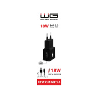 WG - Síťová nabíječka 1x USB-A, Quick Charge 3.0, 5V-9V-12V, + kabel USB-A na Type-C, černá
