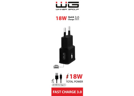 WG - Síťová nabíječka 1x USB-A, Quick Charge 3.0, 5V-9V-12V, + kabel USB-A na Type-C, černá