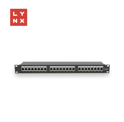 LYNX 19" patch panel 24-port, STP Cat6a, 50µ, stíněný, černý