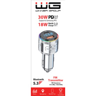 WG - Nabíječka do auta, Transmitter FM, USB-A QC 3.0 18W + USB-C PD 30W, stříbrná