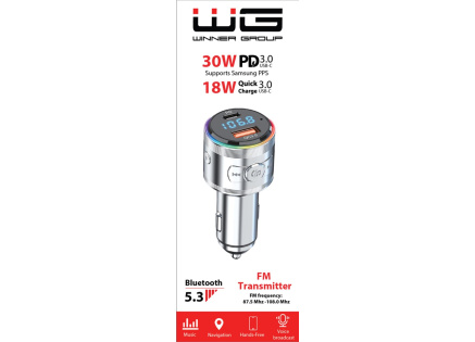 WG - Nabíječka do auta, Transmitter FM, USB-A QC 3.0 18W + USB-C PD 30W, stříbrná