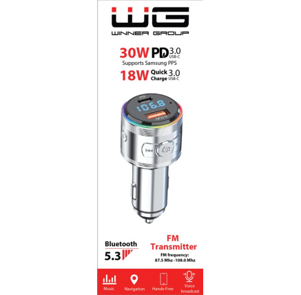 WG - Nabíječka do auta, Transmitter FM, USB-A QC 3.0 18W + USB-C PD 30W, stříbrná WG - Nabíječka do auta, Transmitter FM, USB-A QC 3.0 18W + USB-C PD 30W, stříbrná