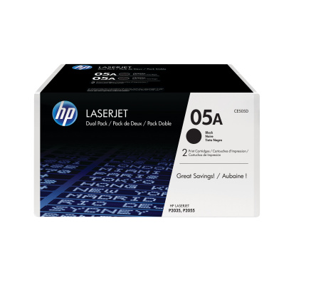 HP 05A Black LJ Toner Cart, 2-pack, CE505D (2,300 / 2,300 pages) HP 05A Black LJ Toner Cart, 2-pack, CE505D (2,300 / 2,300 pages)