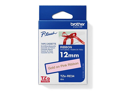 BROTHER TZE-RE34 - kazeta TZ šířky 12mm, TEXTILNÍ páska 4m- pro tvorbu dárků - NELEPÍCÍ - RŮŽOVÁ PÁSKA ZLATÝ POTISK gold