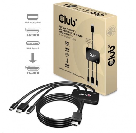 Club3D adaptér aktivní USB Type-C + Mini DP 1.2 + HDMI na HDMI 4K60Hz HDR, M/M, 32AWG Club3D adaptér aktivní USB Type-C + Mini DP 1.2 + HDMI na HDMI 4K60Hz HDR, M/M, 32AWG