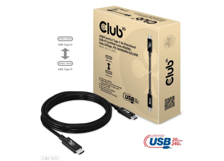 Club3D kabel USB4 Gen2x2 Typ-C, Oboustranný USB-IF Certifikovaný data kabel, Data 20Gbps, PD 240W(48V/5A) EPR M/M 2m Club3D kabel USB4 Gen2x2 Typ-C, Oboustranný USB-IF Certifikovaný data kabel, Data 20Gbps, PD 240W(48V/5A) EPR M/M 2m