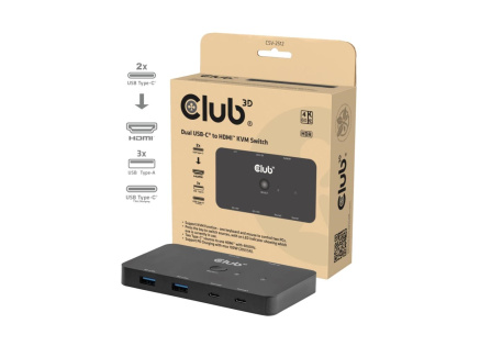 Club3D KVM Switch, 2xUSB-C na HDMI, 4K60Hz, PD 100W