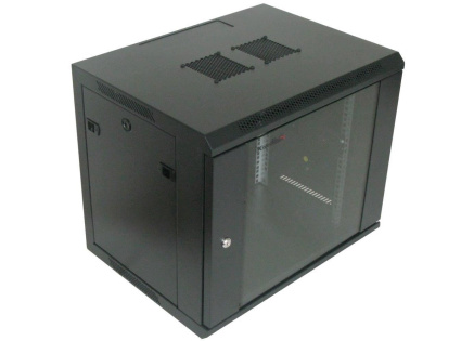 XtendLan 19" nástěnný rozvaděč 9U 600x600, nosnost 60 kg, skleněné kouřové dveře, rozložený, černý