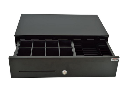 Virtuos pokladní zásuvka SK-500CB s kabelem, kov. pořadač 8/8, 9-24V, černá Virtuos pokladní zásuvka SK-500CB s kabelem, kov. pořadač 8/8, 9-24V, černá