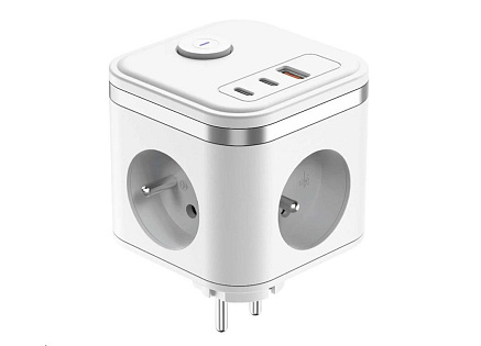 Viking síťový adaptér Y33, 3x 230 V, 1x USB-A, 2x USB-C, tlačítko ON/OFF, bílá
