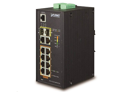 Planet switch IGS-5225-8P2T2S, PoE 8x 1000Base-T, 2x SFP, L2, SNMPv3, ONVIF, -40 až 75°C, 2x DC, IP30, 802.3at 240W