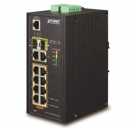 Planet switch IGS-5225-8P2T2S, PoE 8x 1000Base-T, 2x SFP, L2, SNMPv3, ONVIF, -40 až 75°C, 2x DC, IP30, 802.3at 240W