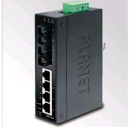 Planet switch ISW-621T, průmysl.verze 4x10/100+2x100BaseFX (SC) MM 2km, DIN, IP30, -40 až 70°C, 12-48V