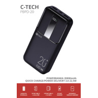C-TECH Powerbanka 20000mAh, Li-Pol, 22,5W, USB-C/USB-A/micro USB
