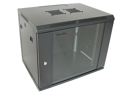 XtendLan 19" nástěnný rozvaděč 9U 600x450, nosnost 60 kg, skleněné dveře, svařovaný, černý XtendLan 19" nástěnný rozvaděč 9U 600x450, nosnost 60 kg, skleněné dveře, svařovaný, černý