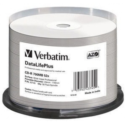 VERBATIM CD-R(50-pack) spindl, AZO 52X,700MB,WHITE WIDE PRINTABLE SURFACE NON-ID