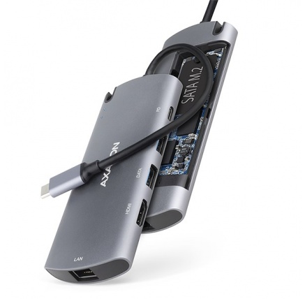 AXAGON HMC-6M2, USB 3.2 Gen 1 hub, porty 2x USB-A, HDMI, RJ-45 GLAN, SATA M.2 slot, PD 100W, kabel USB-C 18cm