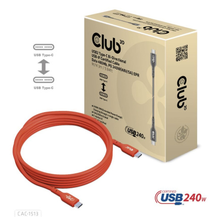Club3D Kabel USB2 Type-C Bi-Directional USB-IF Certifikovaný 480Mb, PD 240W(48V/5A) EPR M/M 3m Club3D Kabel USB2 Type-C Bi-Directional USB-IF Certifikovaný 480Mb, PD 240W(48V/5A) EPR M/M 3m